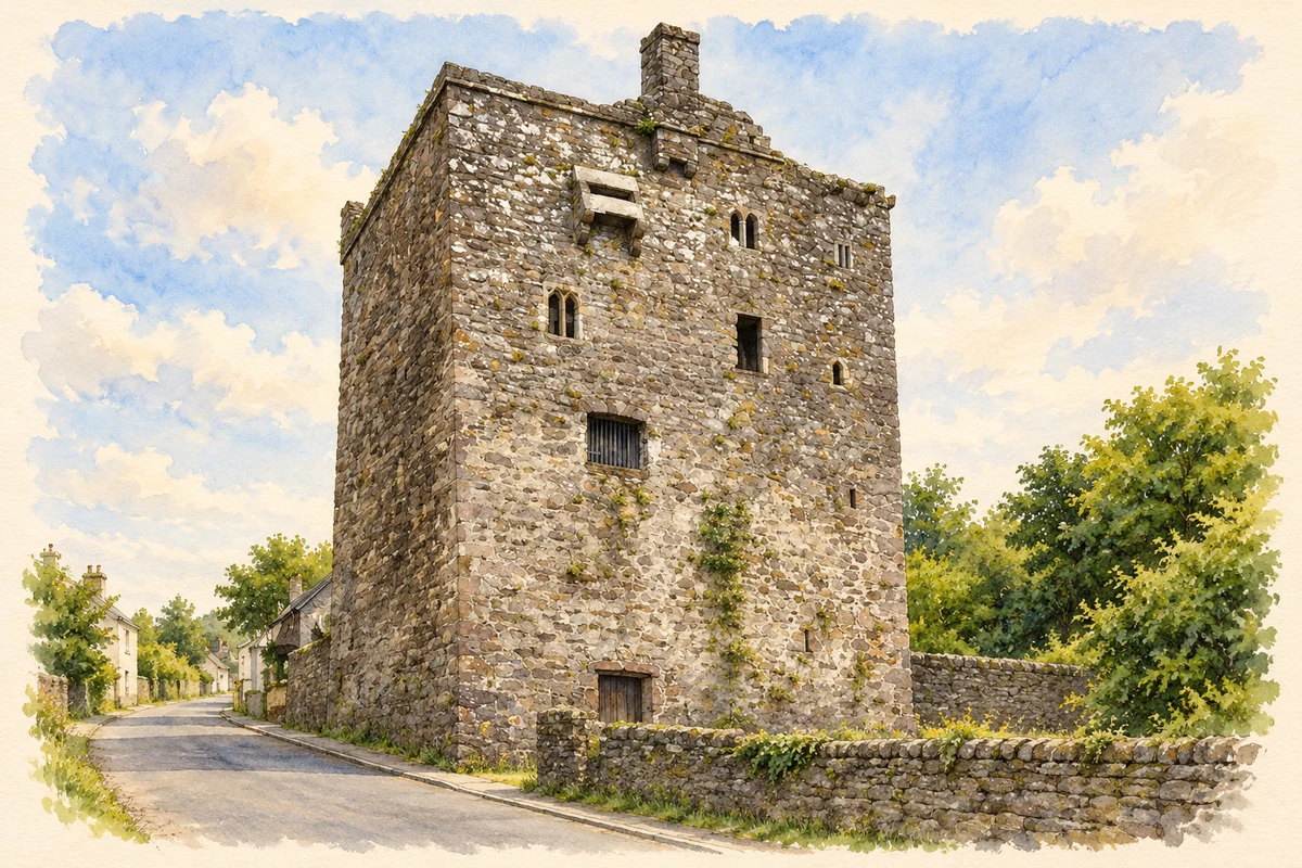 Watercolour and fine ink illustration of Ballyhack Castle.