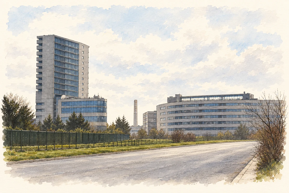 Watercolour and fine ink illustration of Ballymun Centre, Dublin, in January 2007.
