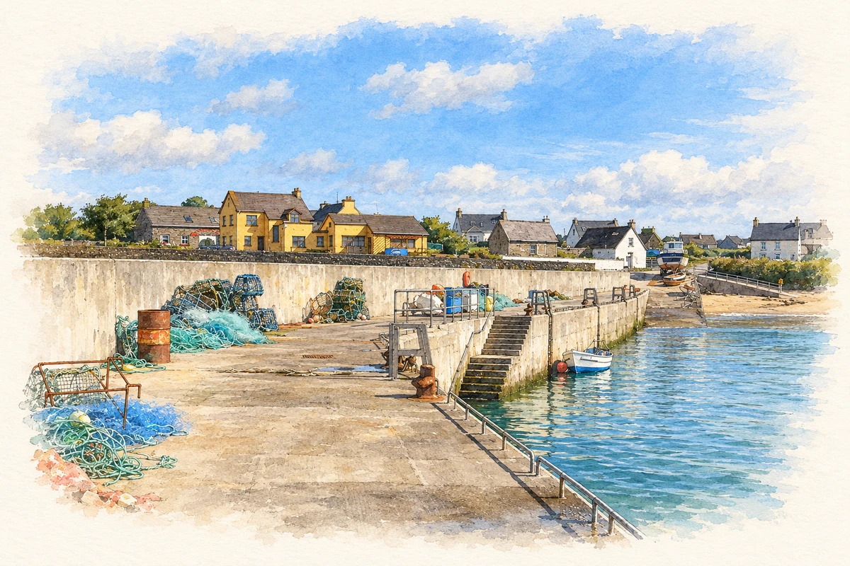 Watercolour and fine ink illustration of Ballydavid fishing pier, Baile na nGall.