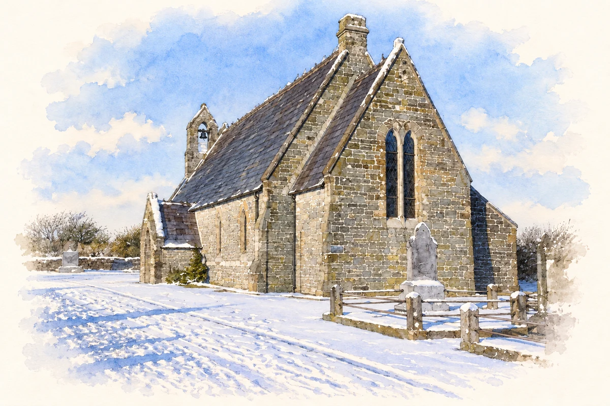 Watercolour and fine ink illustration of Ballyseedy church, County Kerry, winter view.