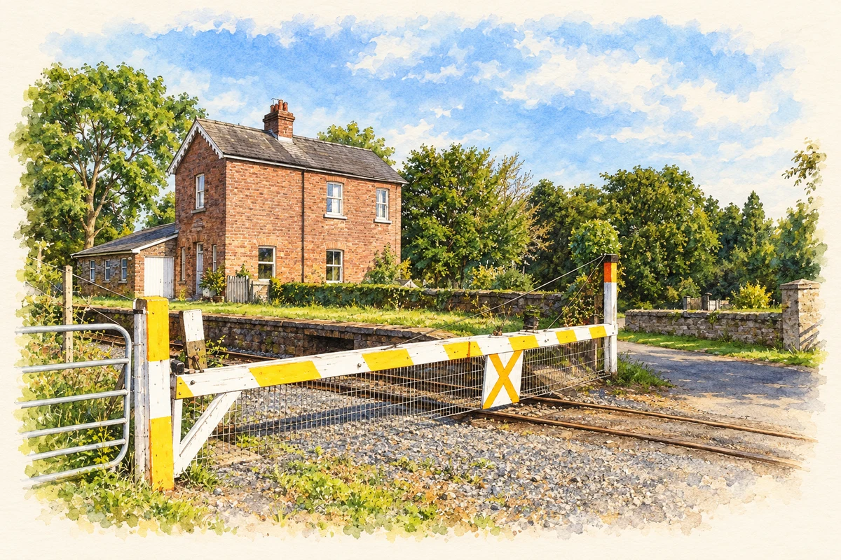 Watercolour and fine ink illustration of Former Beauparc railway station and level crossing.