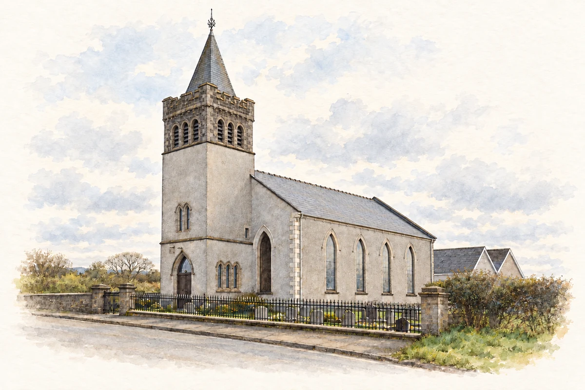Watercolour and fine ink illustration of Ballyrashane Presbyterian Church.