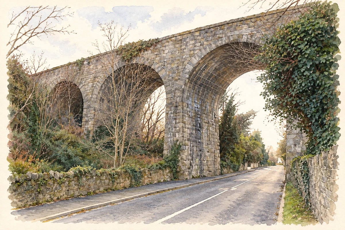 Watercolour and fine ink illustration of Bride’s Glen Viaduct near Loughlinstown, as photographed in January 2007.