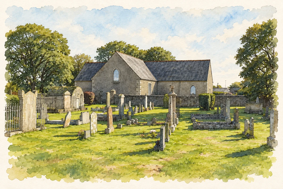 Watercolour and fine ink illustration of Ballee Non-Subscribing Presbyterian Church, County Down.