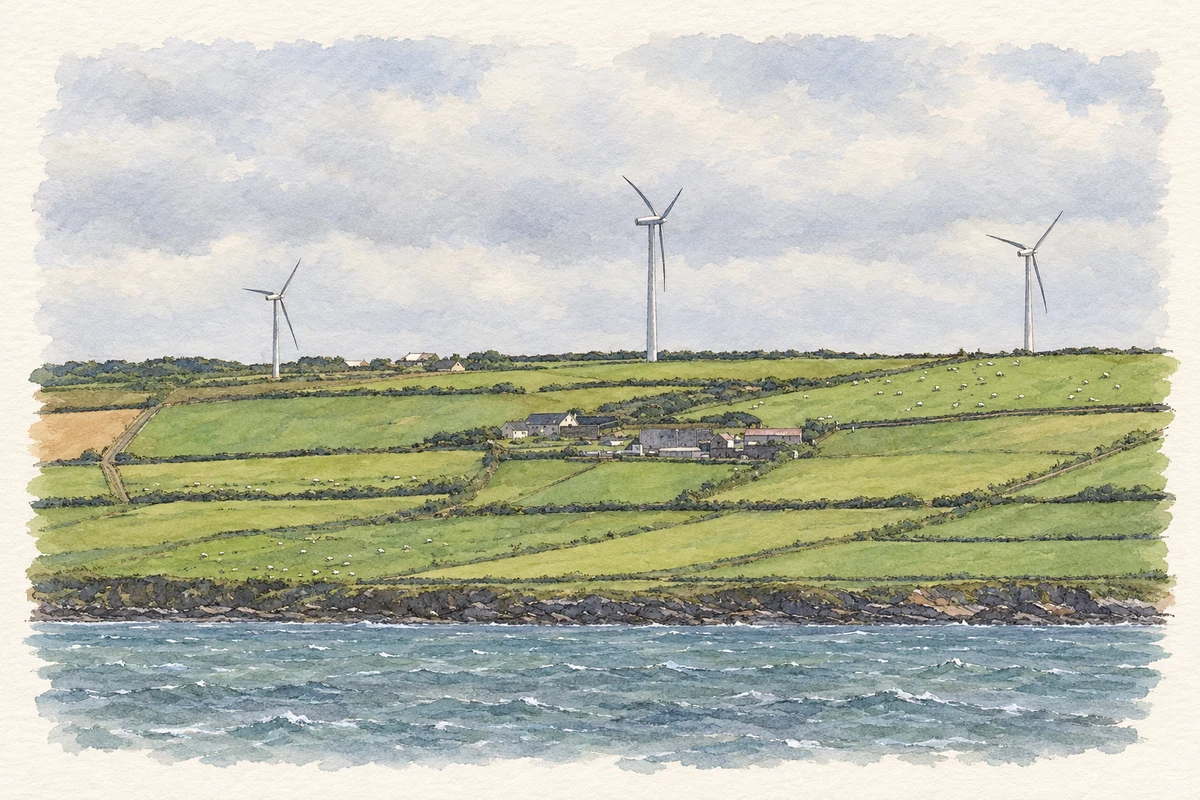 Watercolour and fine ink illustration of Coast and wind farm near Beal, 2003 reconstruction.