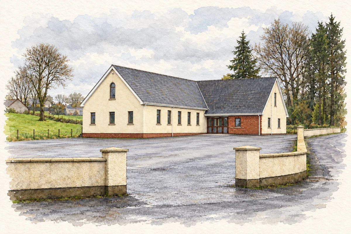 Watercolour and fine ink illustration of Gospel Hall, Buckna.