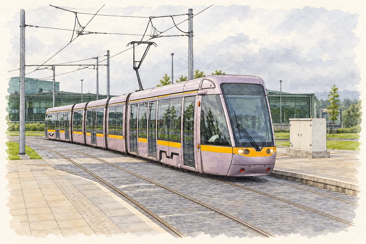 Watercolour and fine ink illustration of A Luas tram approaching Red Cow stop, Dublin, as photographed in September 2010.