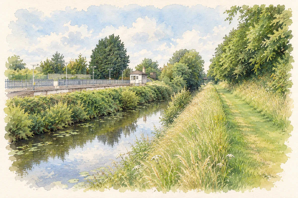 Watercolour and fine ink illustration of Royal Canal beside Enfield station, County Meath.