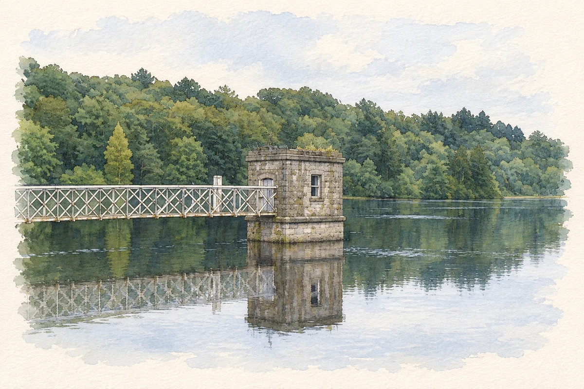 Watercolour and fine ink illustration of Bohernabreena Lower Reservoir valve tower.