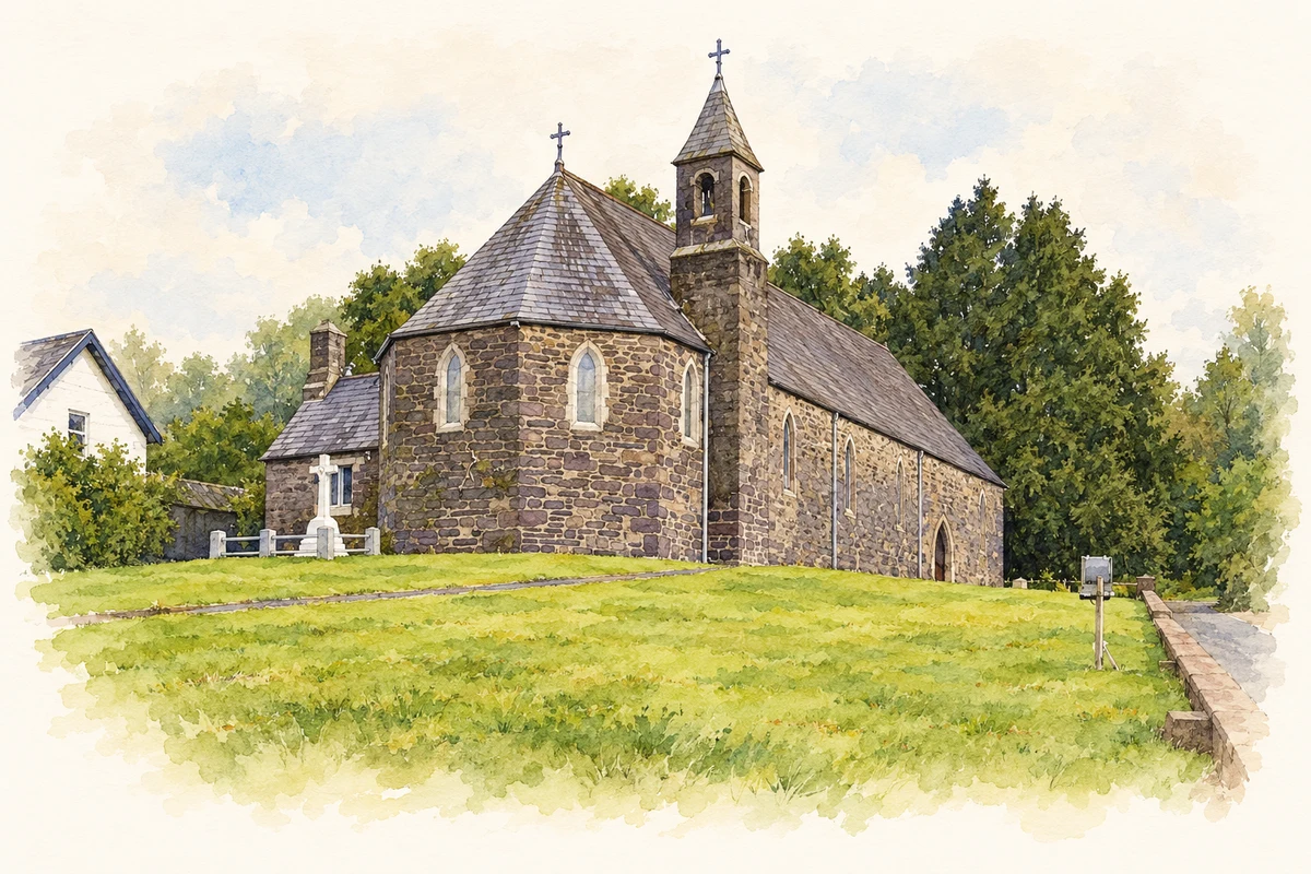 Watercolour and fine ink illustration of Saint Fiachna's Church, Bonane (Bunane), County Kerry.