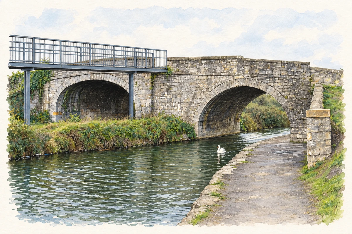 Watercolour and fine ink illustration of Broome Bridge on the Royal Canal, near Cabragh.