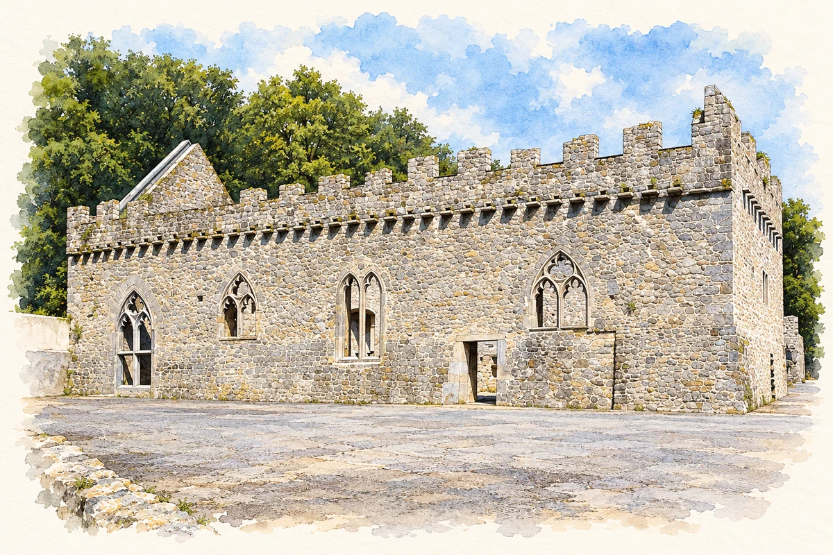 Watercolour and fine ink illustration of Restored Great Hall at Desmond Castle, Newcastle West, County Limerick in Newcastle.