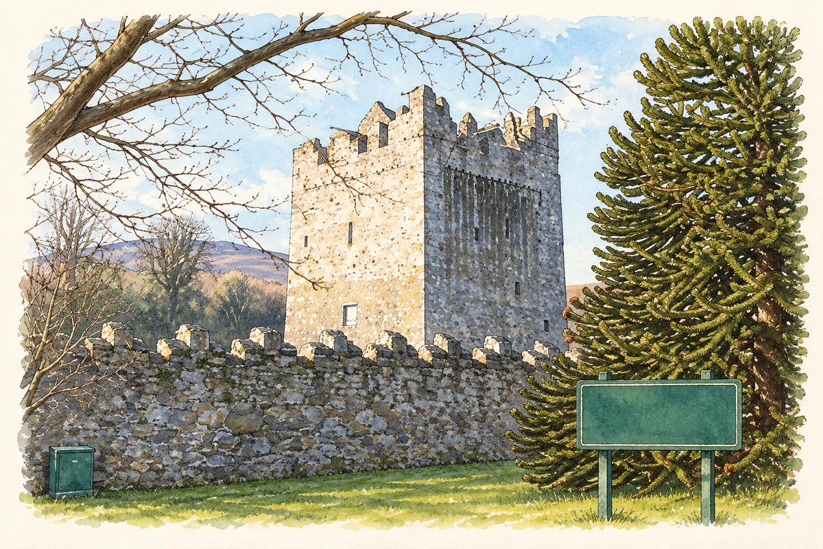 Watercolour and fine ink illustration of Narrow Water tower house, as photographed in January 2012.