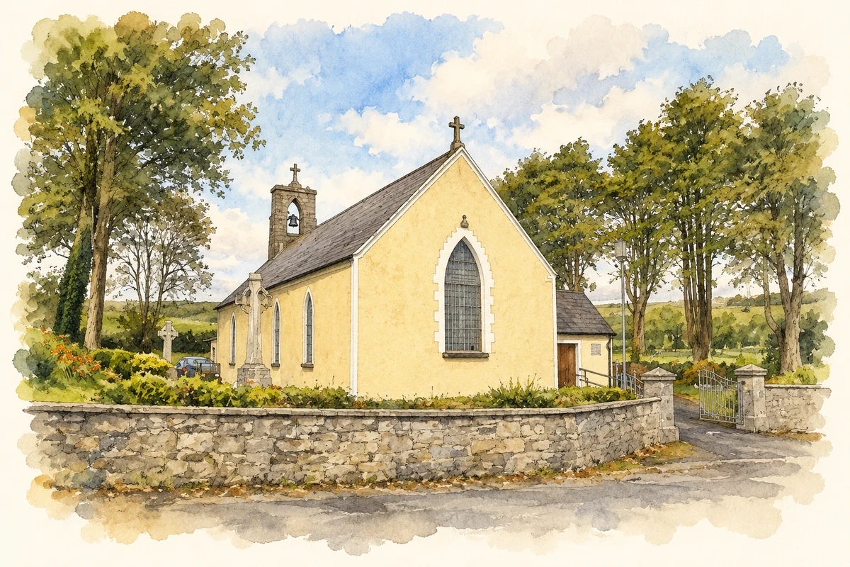 Watercolour and fine ink illustration of St Columba's Church, Carran.