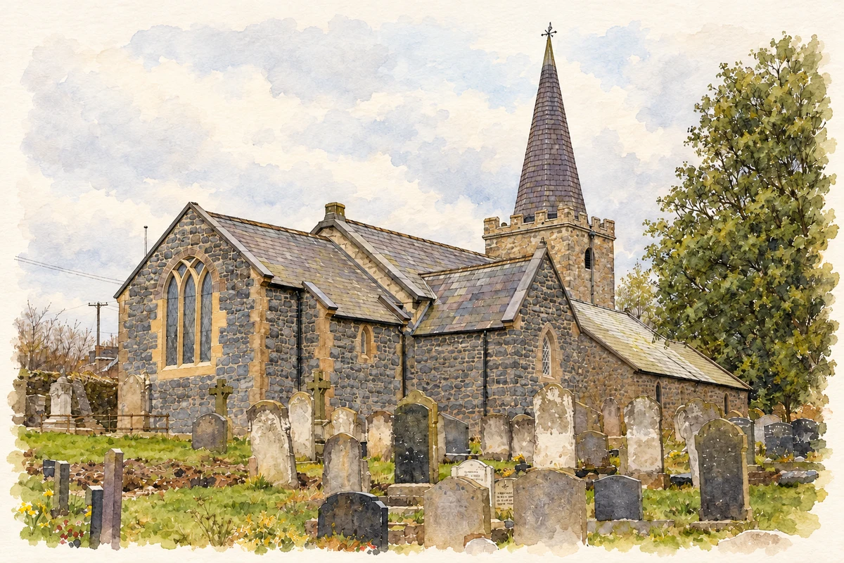 Watercolour and fine ink illustration of Saint Patrick’s Church, Carncastle, in 2007.