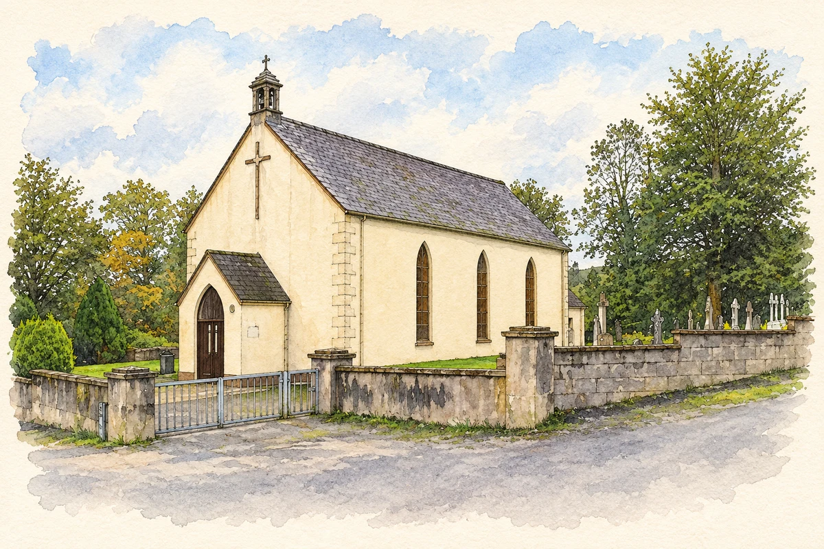 Watercolour and fine ink illustration of Saint Joseph’s Church, Kilclaren, near Caher.