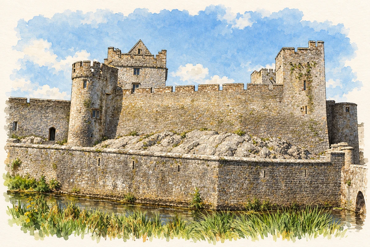 Watercolour and fine ink illustration of Cahir Castle, County Tipperary.