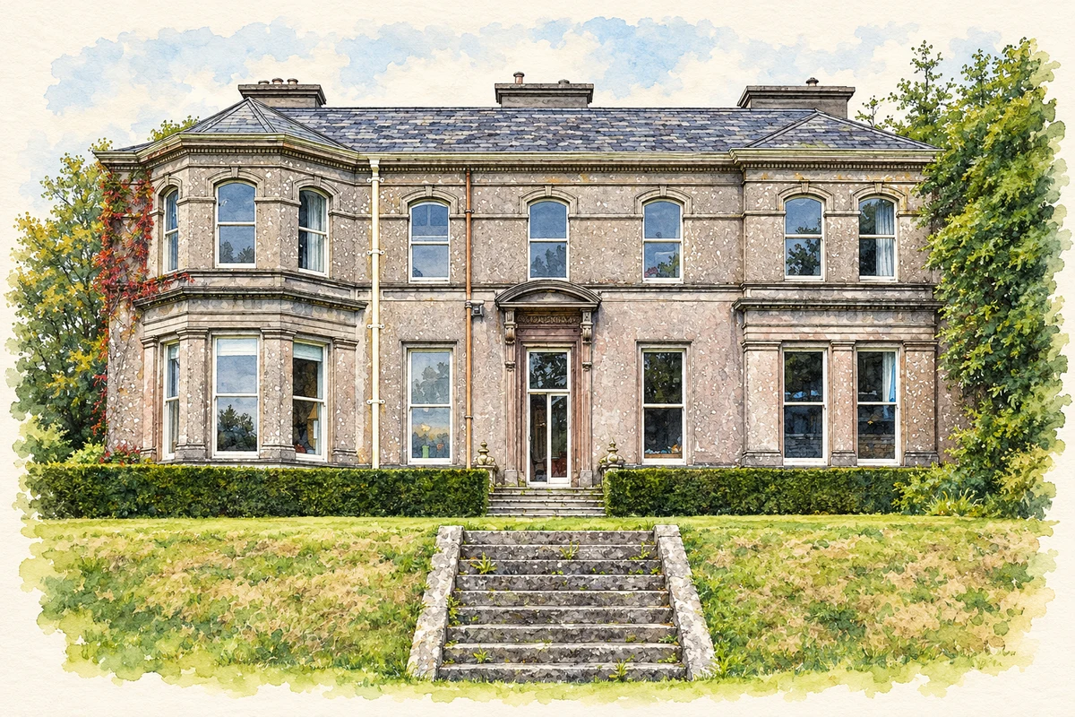Watercolour and fine ink illustration of Cappagh House, near Cappagh, County Waterford.