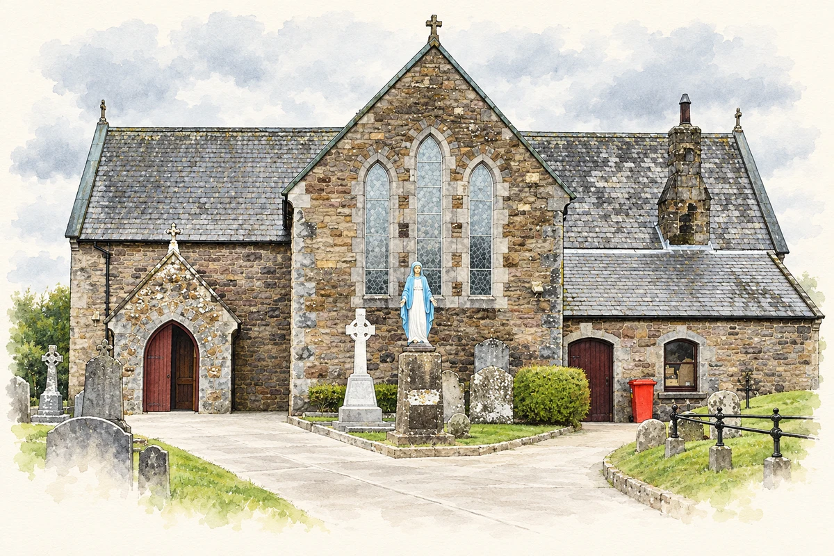 Watercolour and fine ink illustration of Saint John’s Church at Kilcash, as photographed in 2019.
