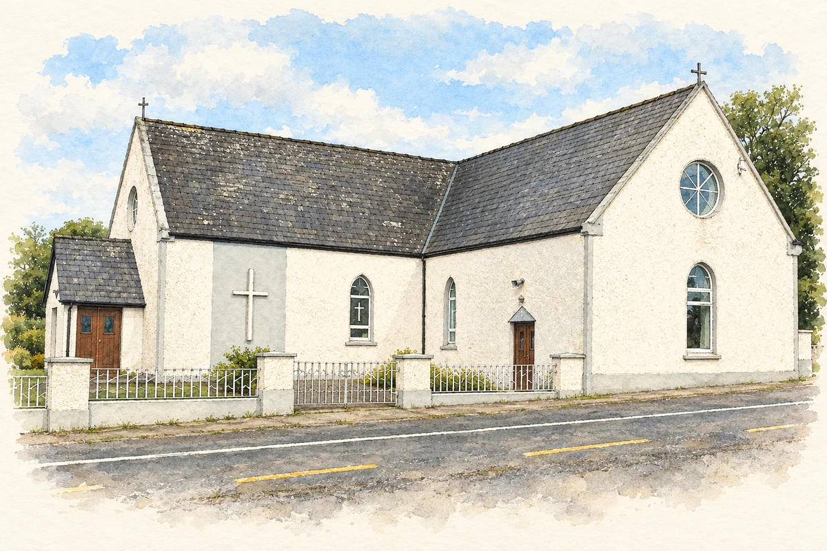 Watercolour and fine ink illustration of Saint Imy’s Church at Killimer, as photographed in 2005.