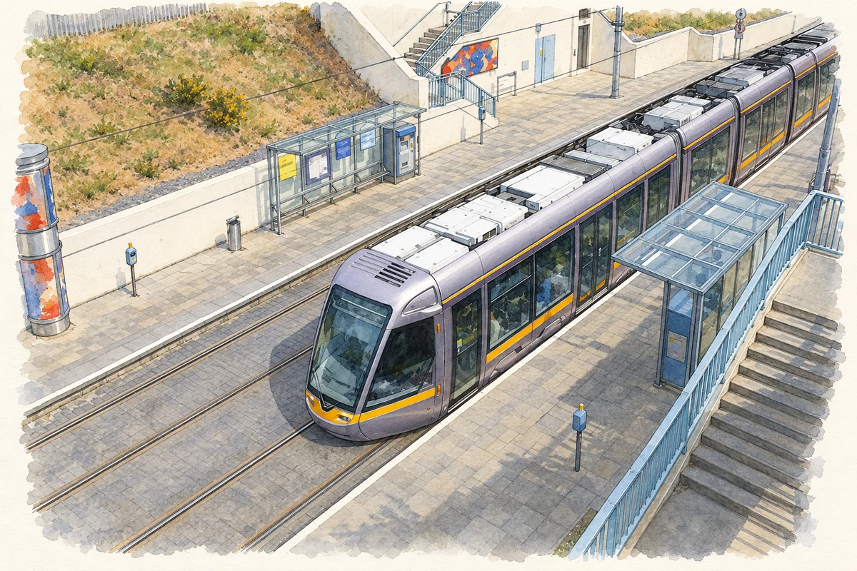 Watercolour and fine ink illustration of Kilmacud Luas stop in 2007 — reconstruction from a dated photograph.