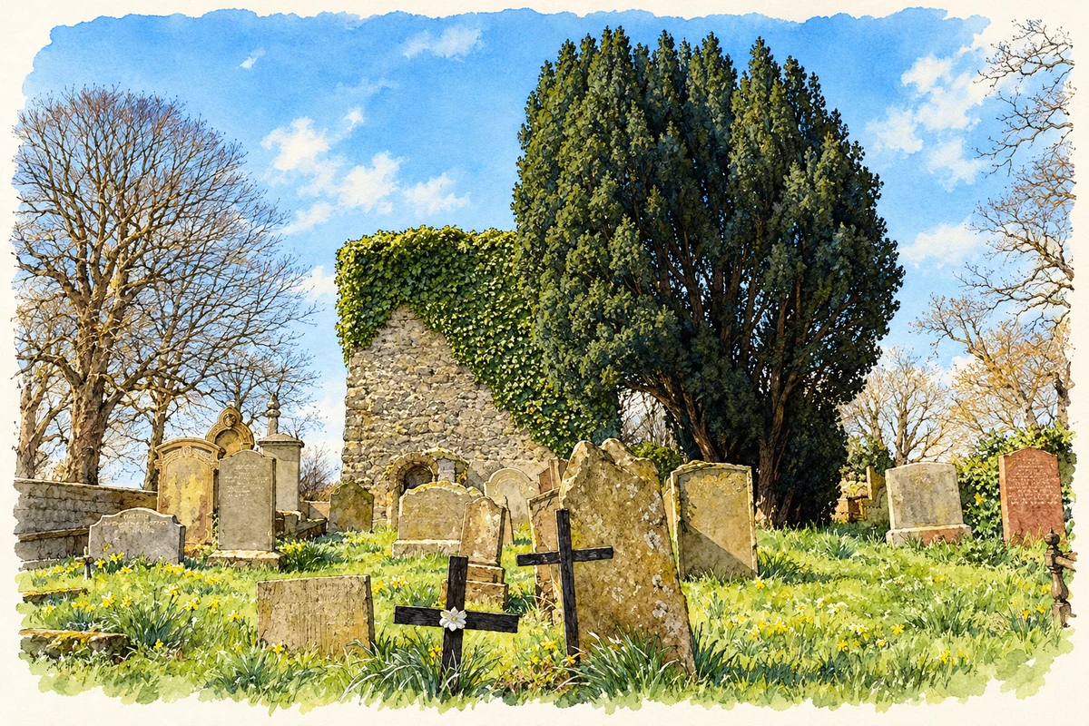 Watercolour and fine ink illustration of Gravestones and ivy-covered stonework at Kilroot, as photographed in 2008.