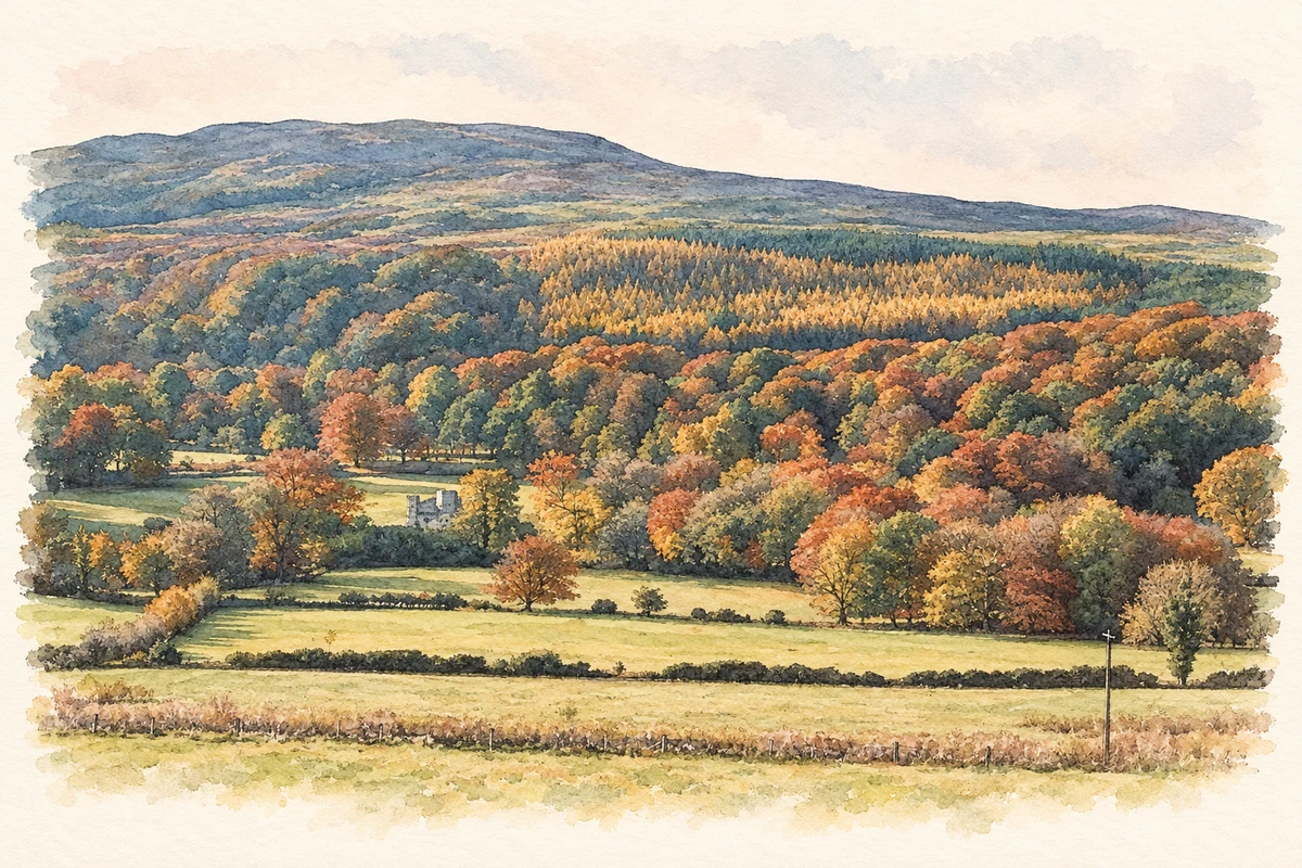 Watercolour and fine ink illustration of Killevy Castle estate beneath Slieve Gullion, 1992 reconstruction.