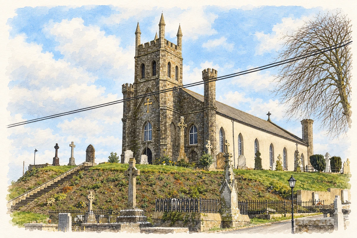 Watercolour and fine ink illustration of The Church of the Holy Cross at Killeshin, as photographed in 2013.