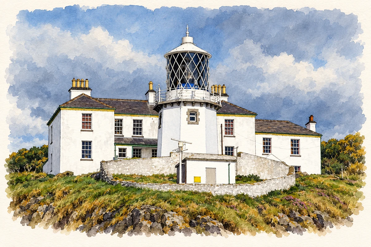 Watercolour and fine ink illustration of Blackhead Lighthouse, near Whitehead.