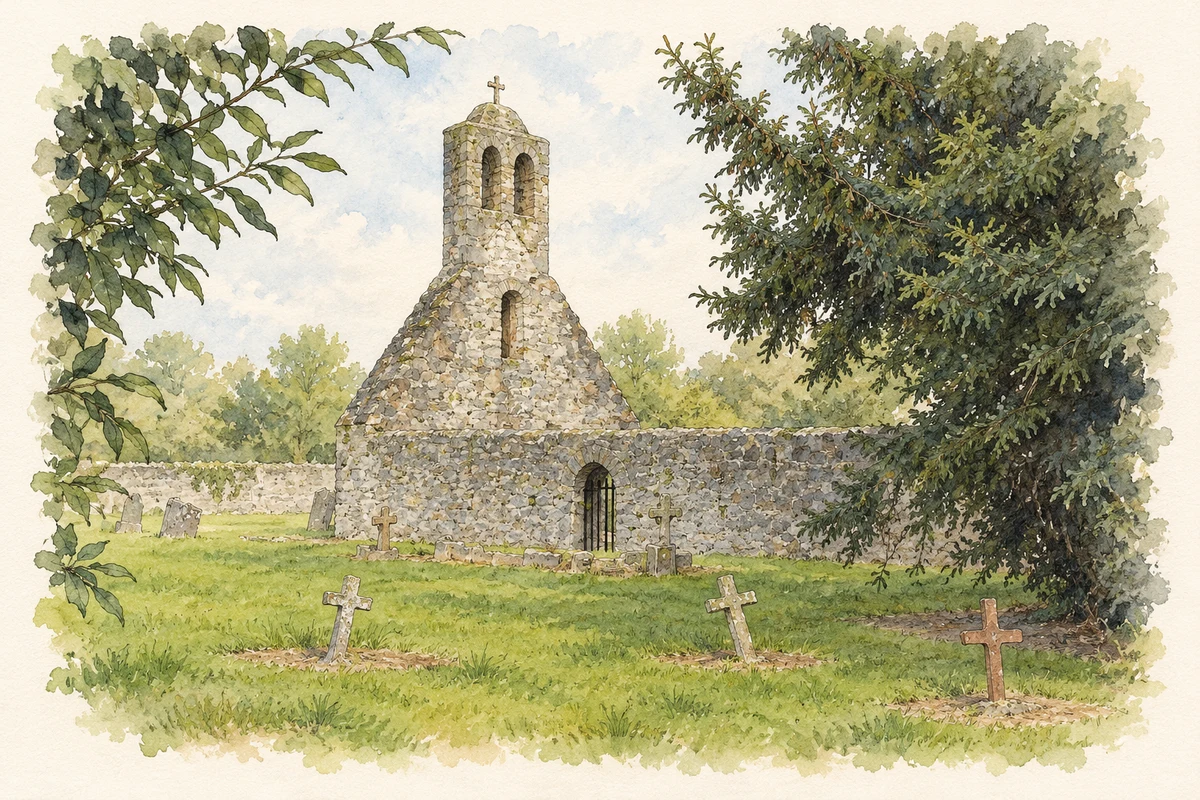 Watercolour and fine ink illustration of Old church remains and graveyard, Kinsaley.
