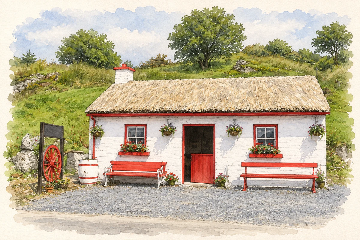 Watercolour and fine ink illustration of Biddy and Joe's Cottage, near Cloghan, County Donegal.