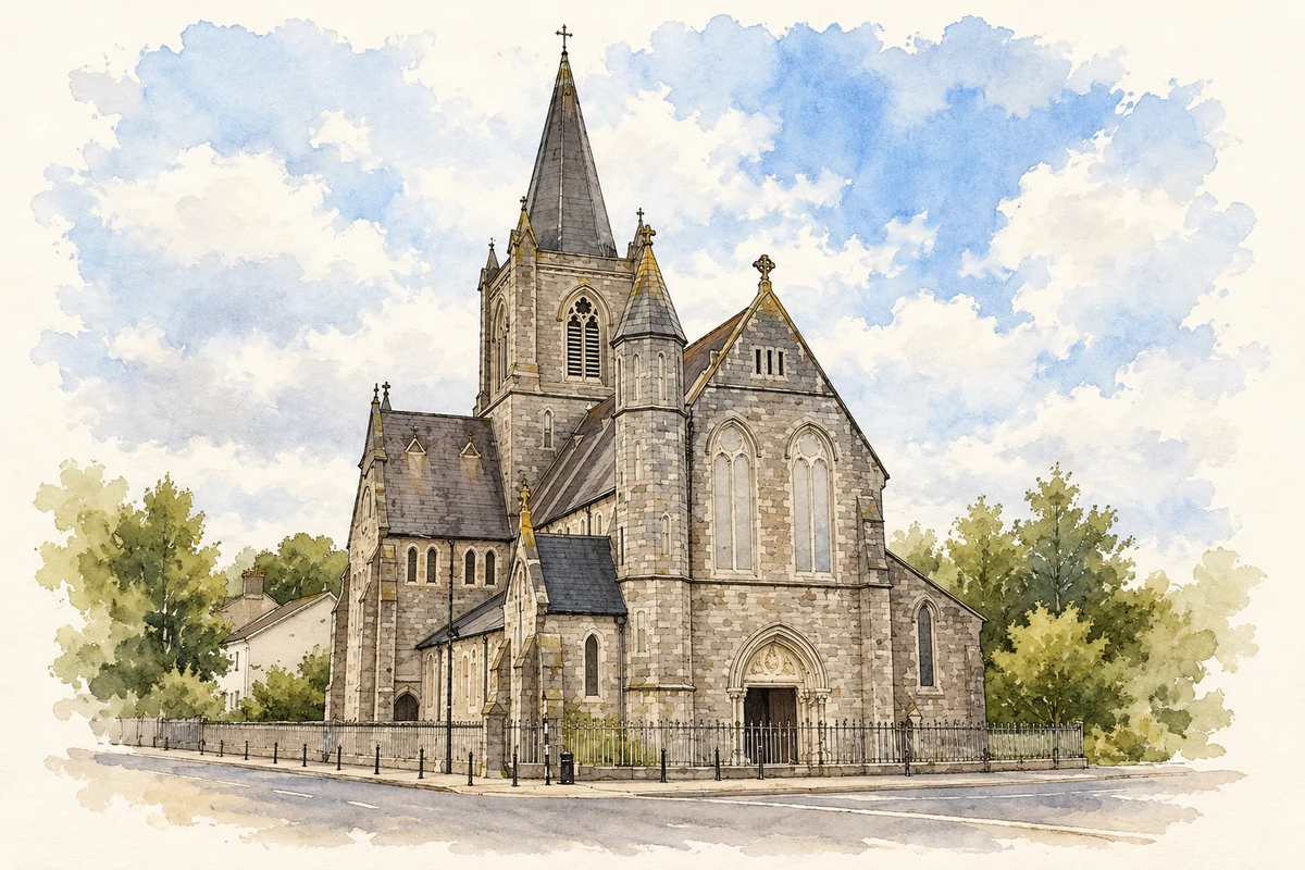 Watercolour and fine ink illustration of St Brigid's Roman Catholic Church, Clara.