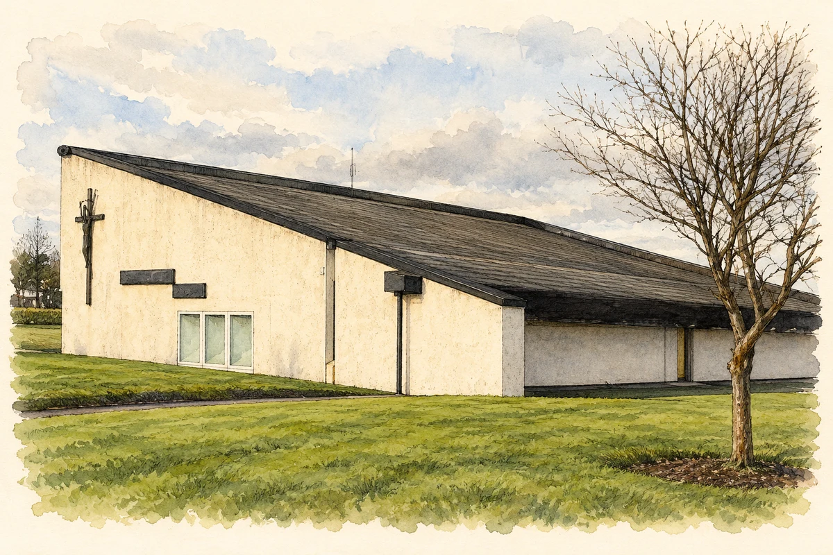 Watercolour and fine ink illustration of St Francis Church, Priorswood, Clonshaugh, Dublin.