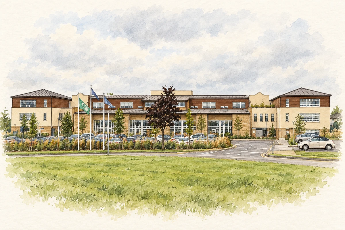 Watercolour and fine ink illustration of Saint Colmcille's National School, Knocklyon.