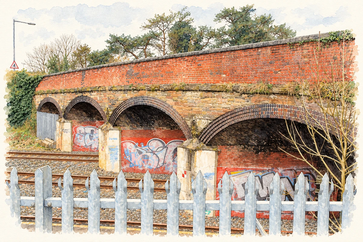 Watercolour and fine ink illustration of The Ballinderry Road railway bridge at Knockmore, Lisburn, as photographed in 2011.