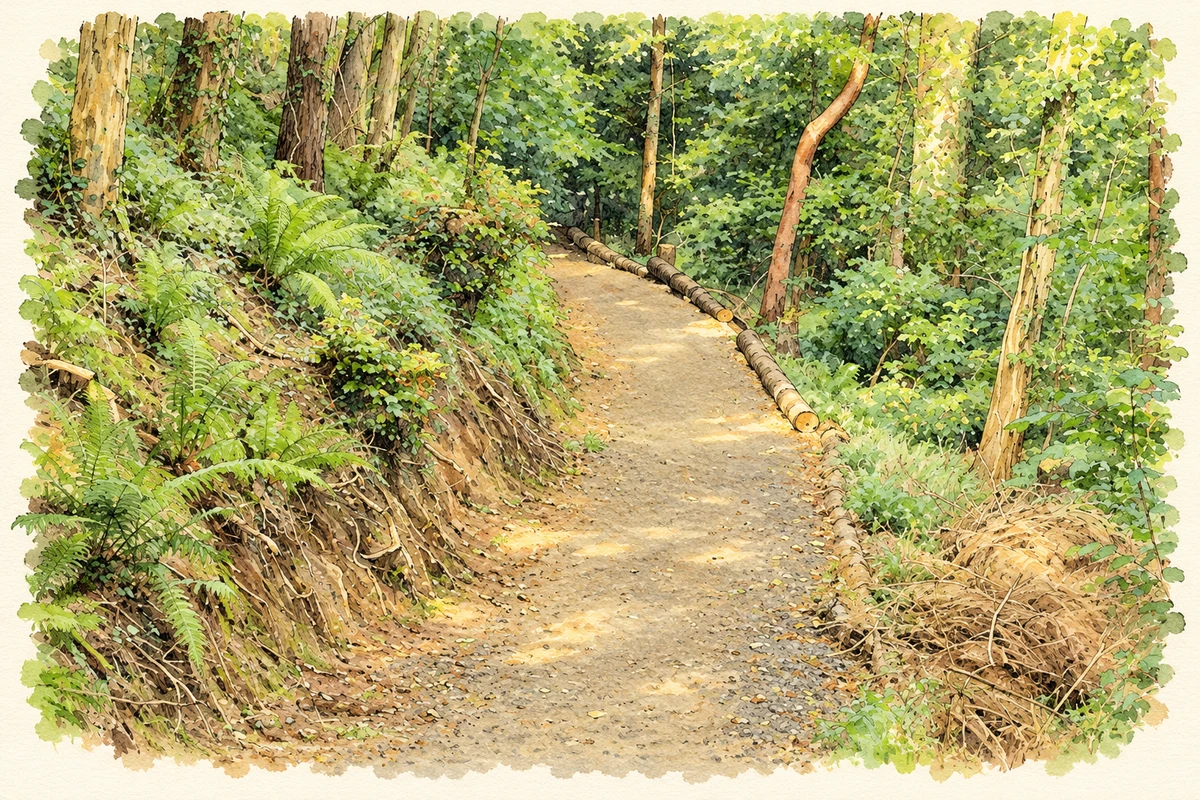Watercolour and fine ink illustration of A path in Somerset Forest near Laurel Hill, as photographed in 2012.