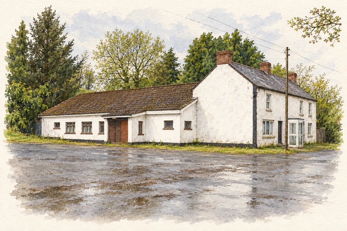 Watercolour and fine ink illustration of Spancilhill Inn, County Clare, as photographed in May 2013.