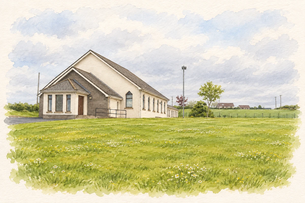 Watercolour and fine ink illustration of Clough Mills Free Presbyterian Church near Culcrum.
