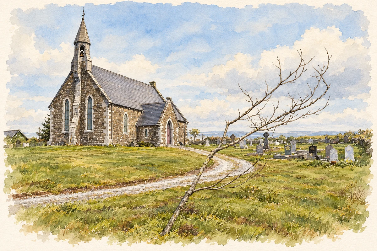 Watercolour and fine ink illustration of St Michael's Church, Waterville, County Kerry.