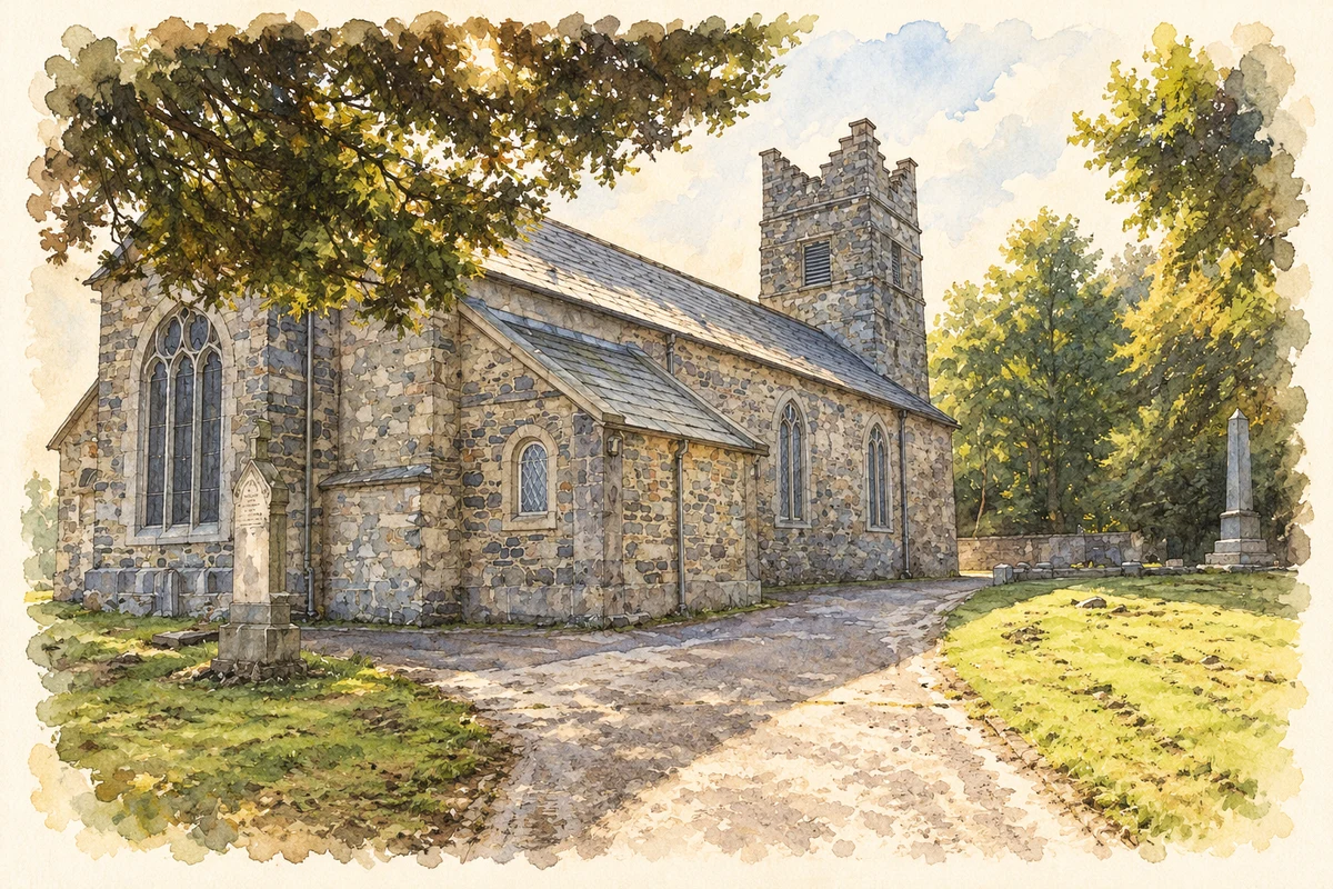 Watercolour and fine ink illustration of Creggan Church of Ireland parish church, County Armagh.