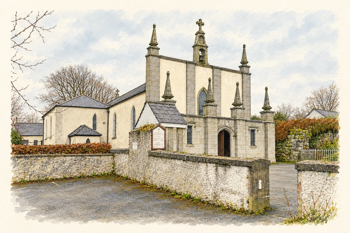 Watercolour and fine ink illustration of Saint Joseph’s Church at Valleymount, as photographed in February 2008.