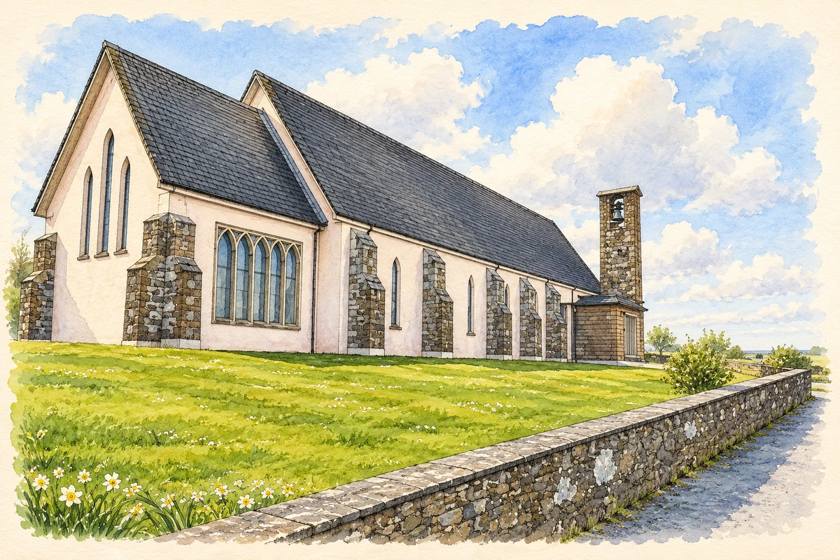 Watercolour and fine ink illustration of Cromane church.