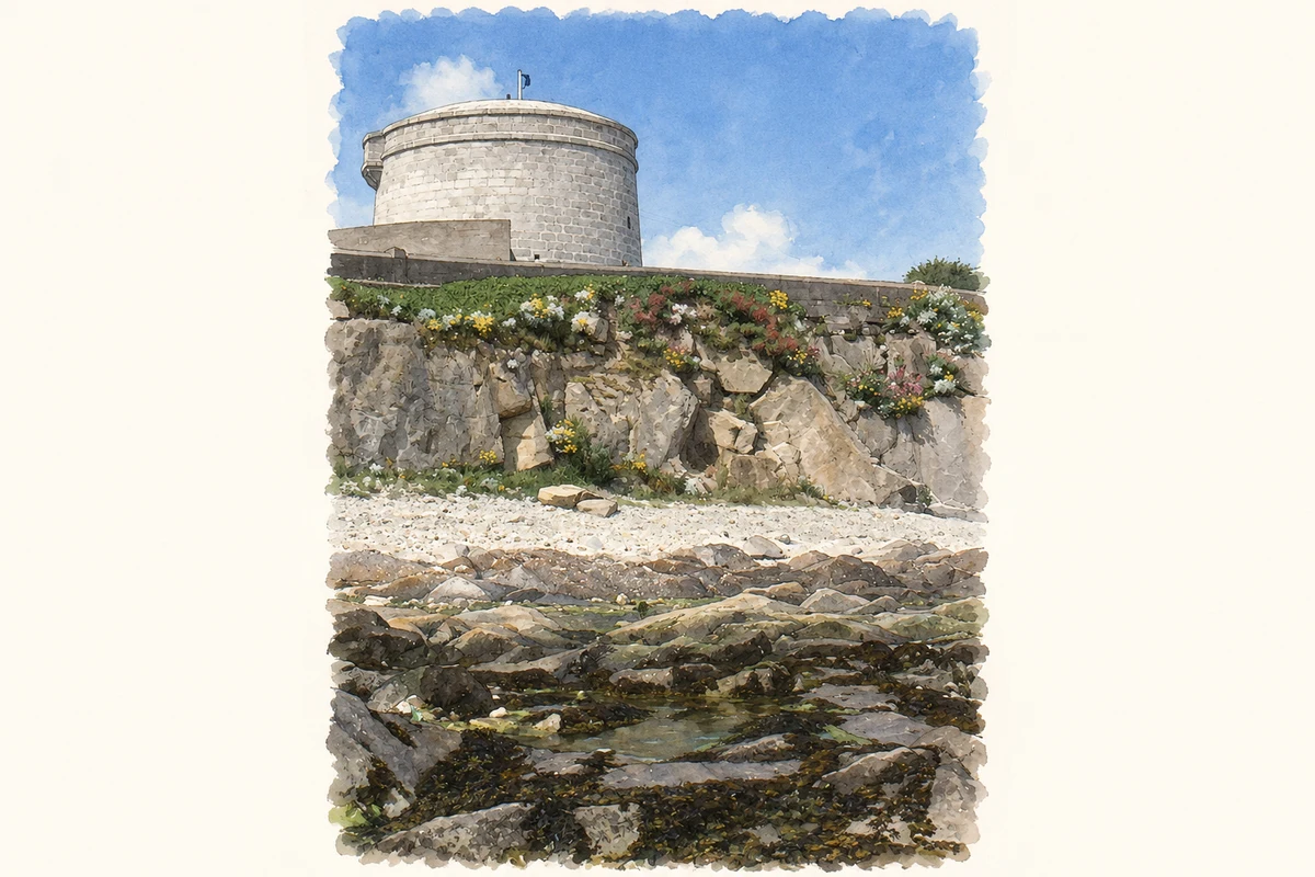 Watercolour and fine ink illustration of James Joyce Martello Tower, Sandycove, County Dublin.