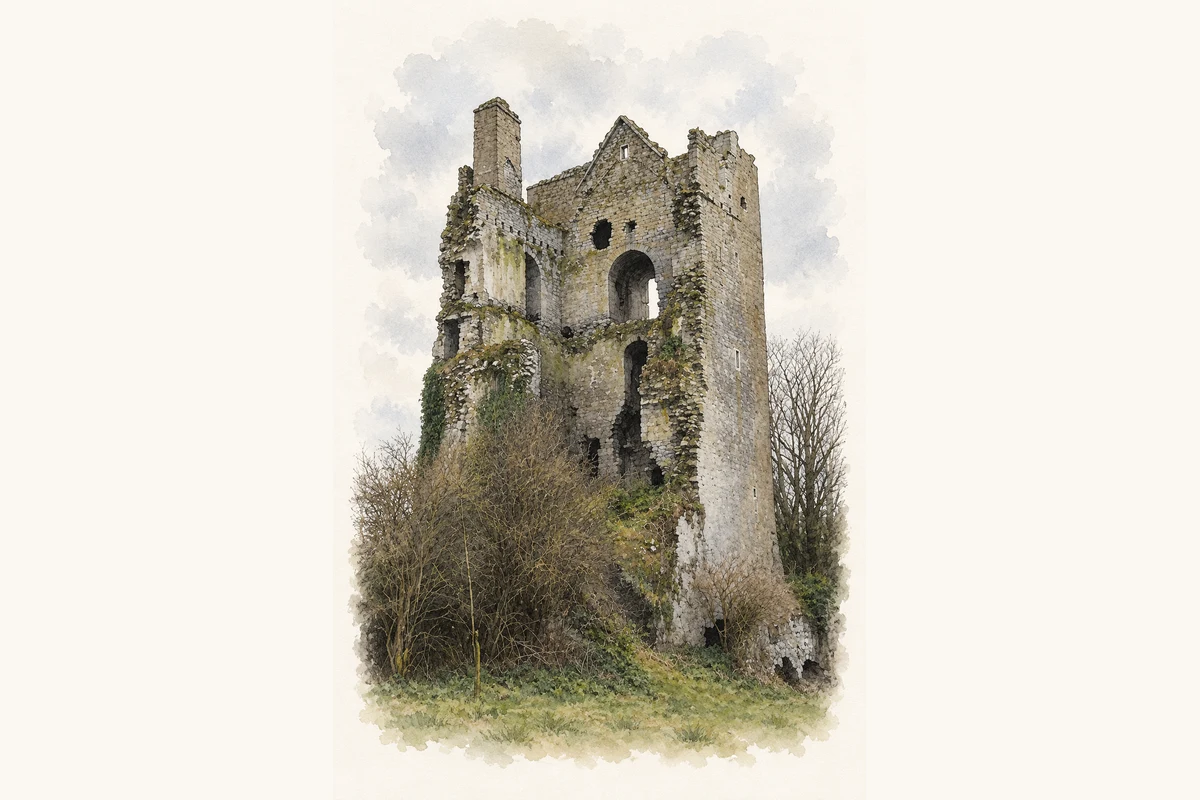 Watercolour and fine ink illustration of Cullahill Castle ruins, County Laois.