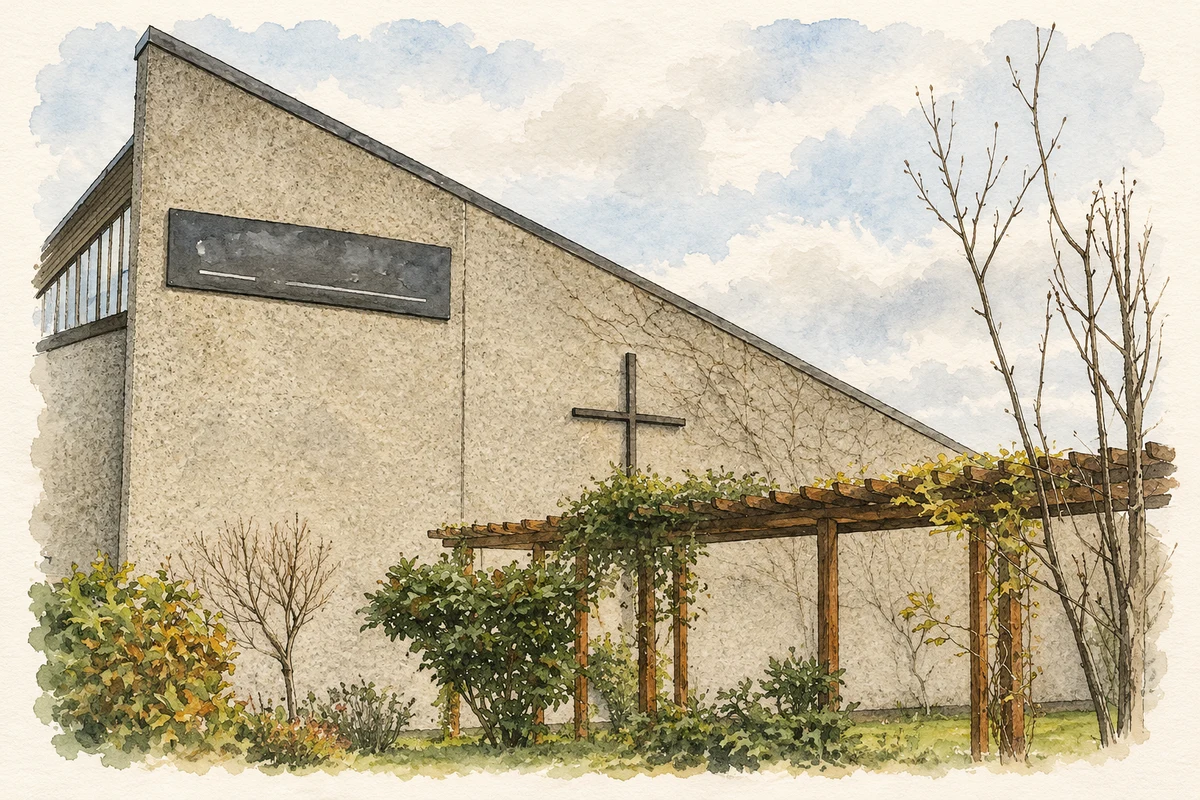 Watercolour and fine ink illustration of Church of Our Lady Immaculate, Darndale.