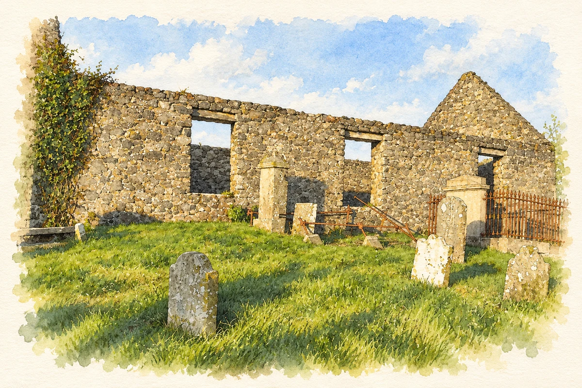 Watercolour and fine ink illustration of Old church ruins and graveyard at Derrykeighan.