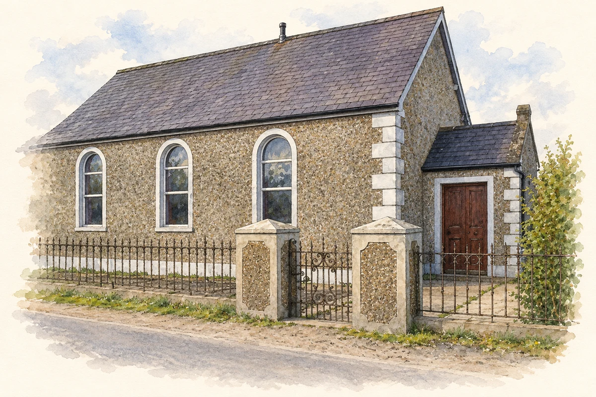 Watercolour and fine ink illustration of Former Derrylee Methodist Church, as photographed in 2008.