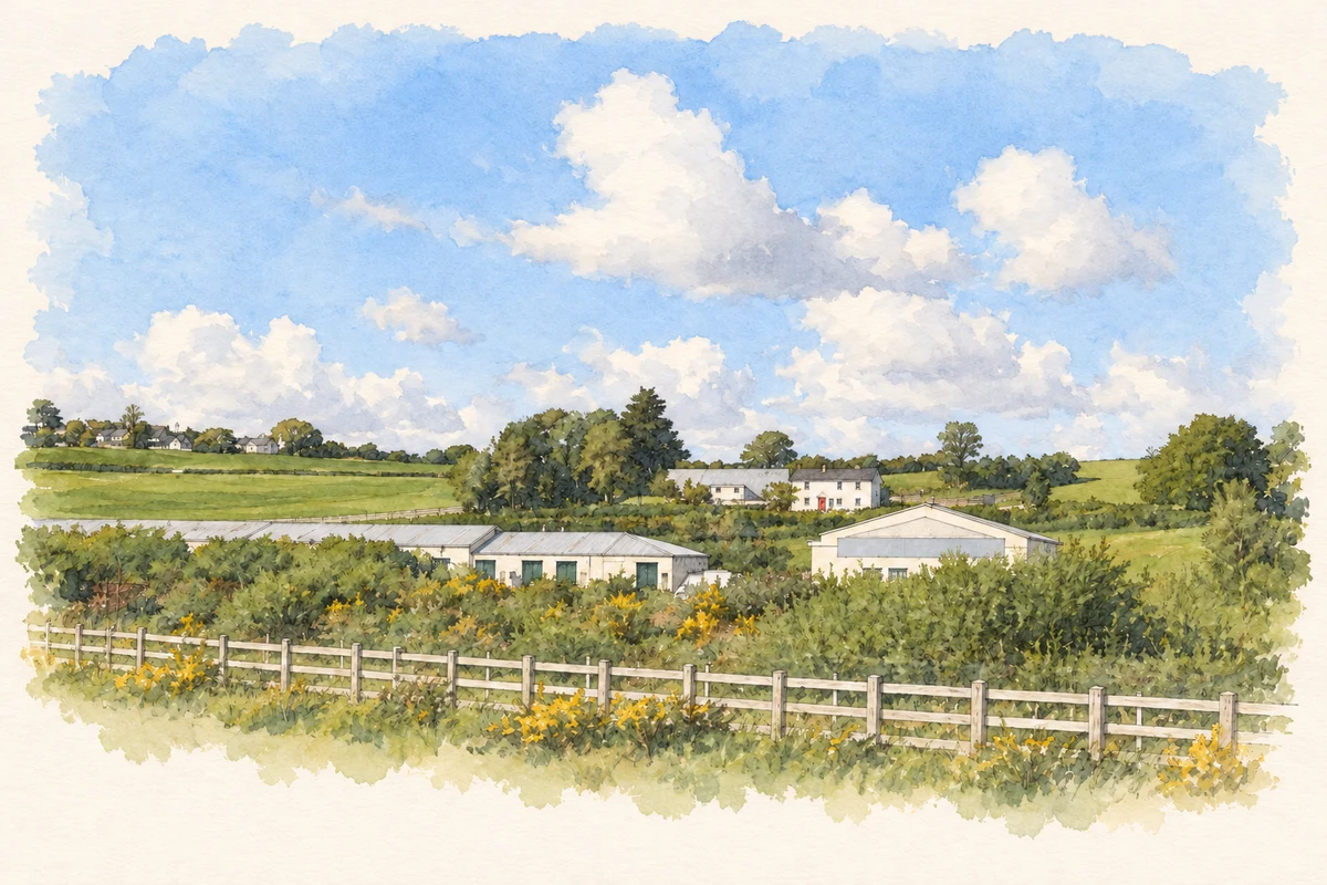 Watercolour and fine ink illustration of Flurry Bridge Enterprise Centre, as photographed in 2010.