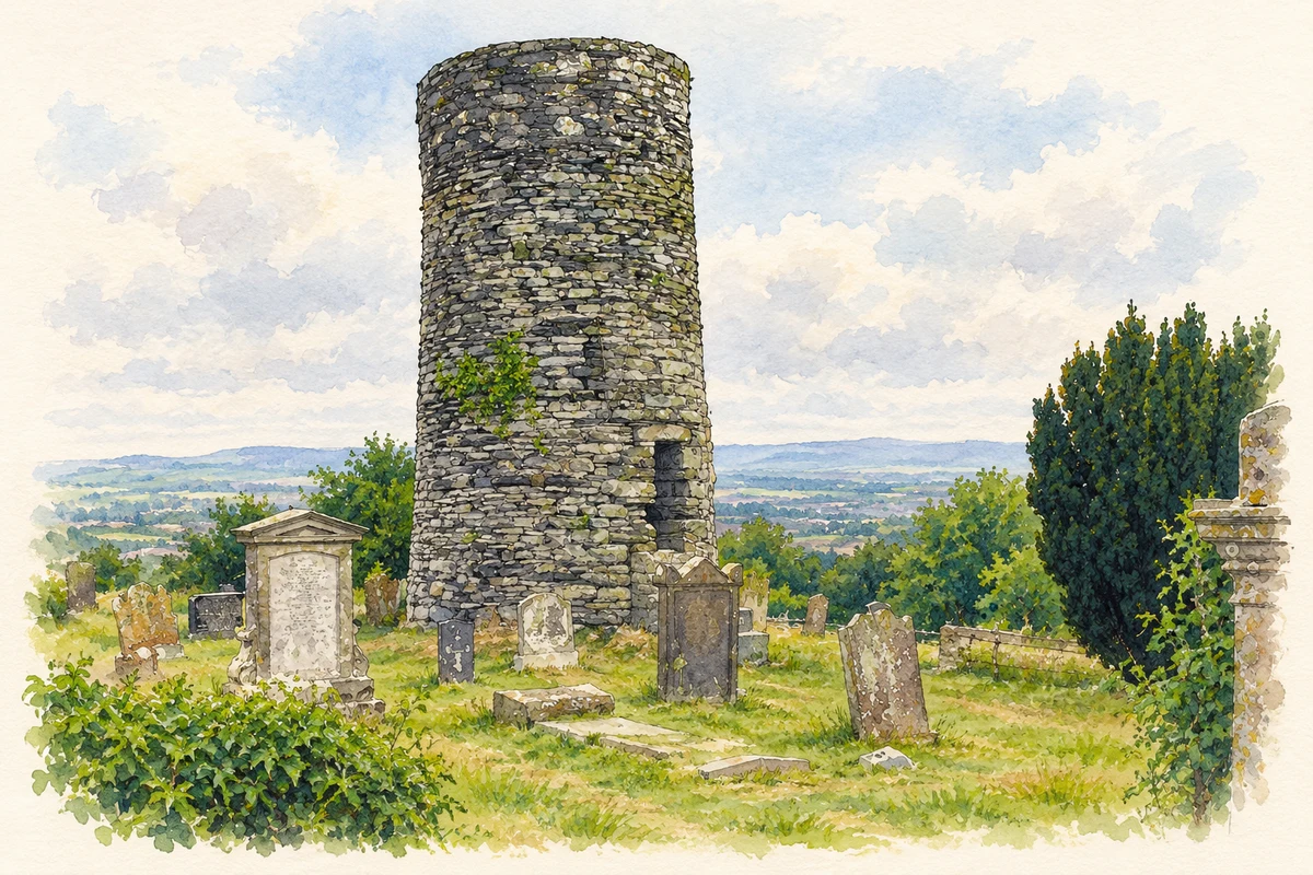 Watercolour and fine ink illustration of Drumbo Round Tower, as photographed in2008.
