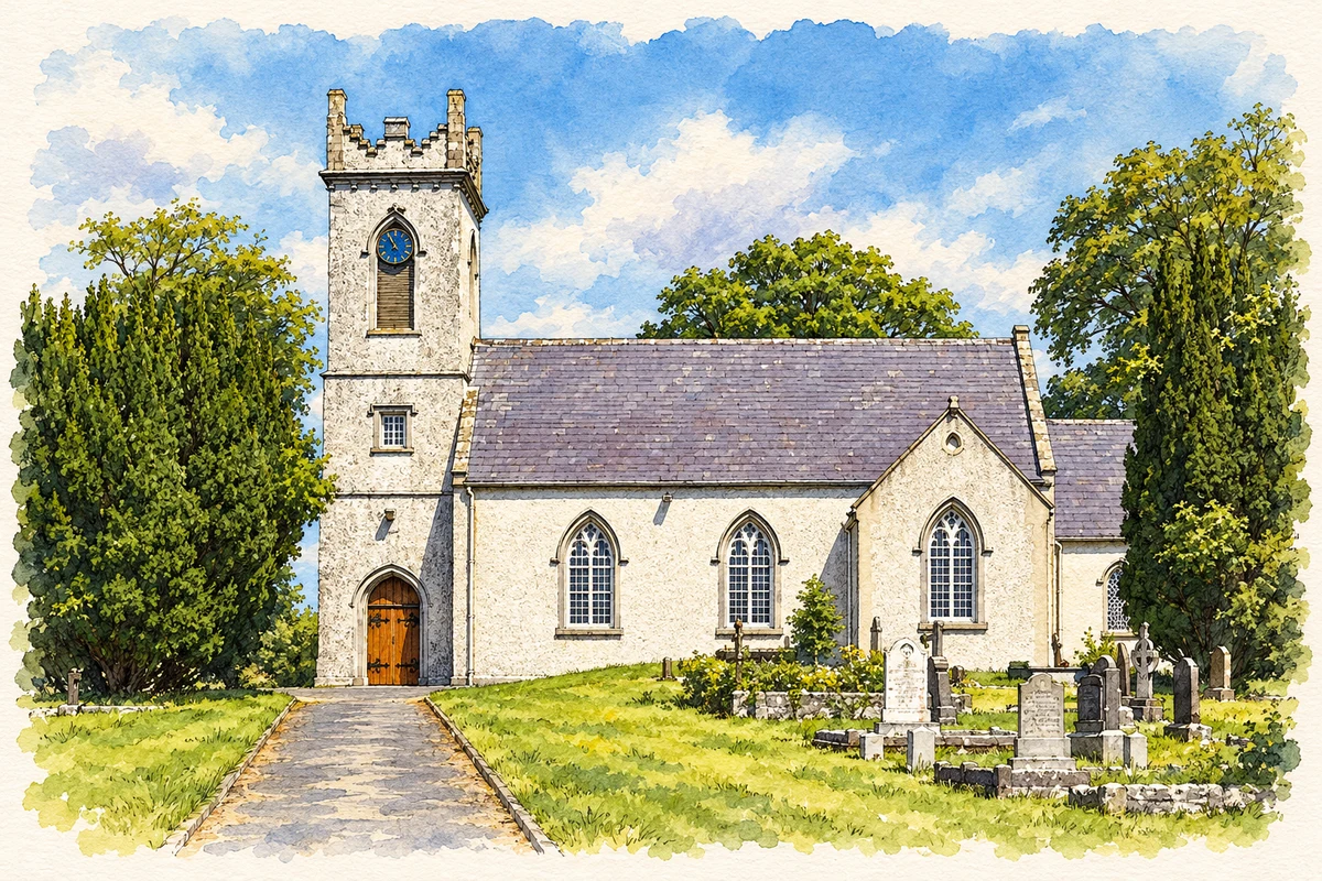 Watercolour and fine ink illustration of Drumlease Parish Church, Dromahair.